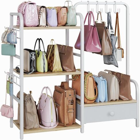 منظم محفظة مع شماعات محفظة وخطافات لمنظم الأكياس ، رف تخزين حقيبة يد 3 طبقات قائم على الأرضية مع درج للخزانة ، المنزل ، غرفة المعيشة ، أسود in Kuwait