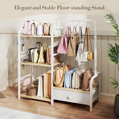 منظم محفظة مع شماعات محفظة وخطافات لمنظم الأكياس ، رف تخزين حقيبة يد 3 طبقات قائم على الأرضية مع درج للخزانة ، المنزل ، غرفة المعيشة ، أسود in Kuwait