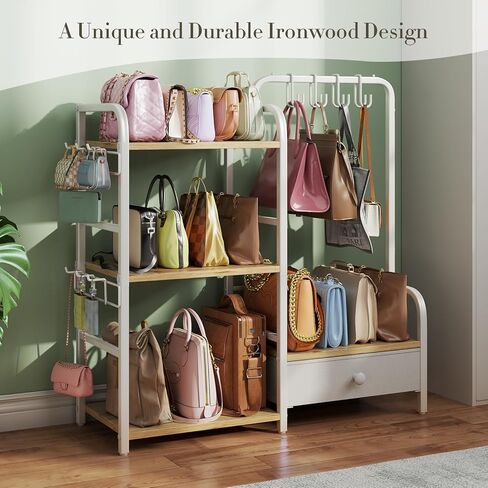 منظم محفظة مع شماعات محفظة وخطافات لمنظم الأكياس ، رف تخزين حقيبة يد 3 طبقات قائم على الأرضية مع درج للخزانة ، المنزل ، غرفة المعيشة ، أسود in Kuwait