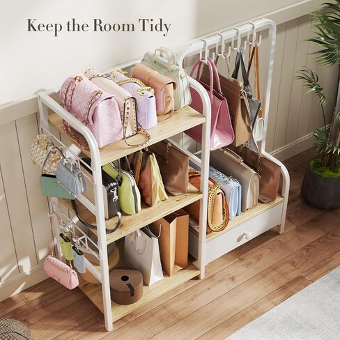 منظم محفظة مع شماعات محفظة وخطافات لمنظم الأكياس ، رف تخزين حقيبة يد 3 طبقات قائم على الأرضية مع درج للخزانة ، المنزل ، غرفة المعيشة ، أسود in Kuwait