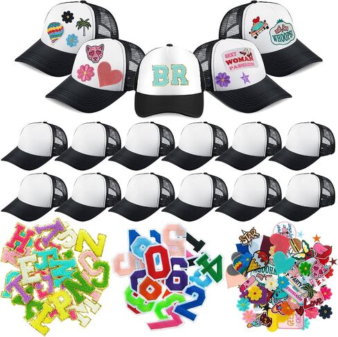 Hercicy 12 Pack DIY Trucker Hats Kit, Sublimation Blank Baseball Caps Bulk with 120 pcs Trucker Hat Iron on Embroidered Patches DIY Hat Craft for Party Accessories Multicolor in Saudi Arabia
