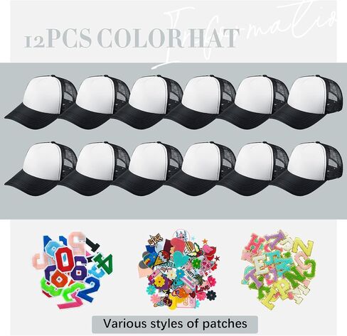 Hercicy 12 Pack DIY Trucker Hats Kit, Sublimation Blank Baseball Caps Bulk with 120 pcs Trucker Hat Iron on Embroidered Patches DIY Hat Craft for Party Accessories Multicolor in Saudi Arabia