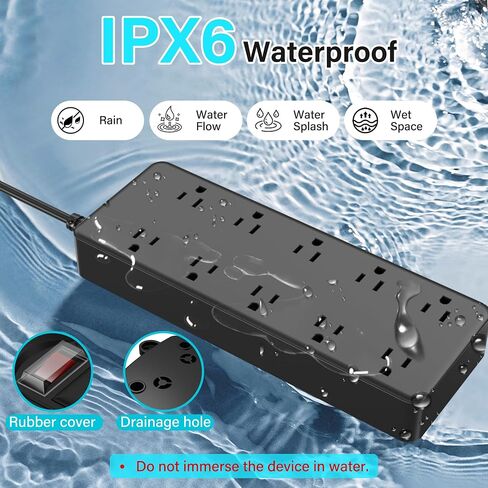 Outdoor Power Strip 6 Ft, IPX6 Waterproof Surge Protector 10 Widely Spaced AC Outlets Extension Cord, 45° Flat Plug, Wall Mountable, 14 Gauge 125V for Garden Patio Camping Christmas Lights-ETL in Kuwait