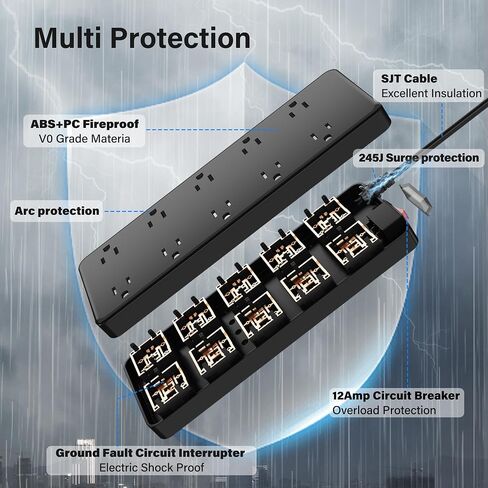 Outdoor Power Strip 6 Ft, IPX6 Waterproof Surge Protector 10 Widely Spaced AC Outlets Extension Cord, 45° Flat Plug, Wall Mountable, 14 Gauge 125V for Garden Patio Camping Christmas Lights-ETL in Kuwait