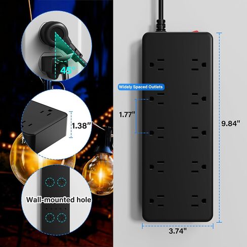 Outdoor Power Strip 6 Ft, IPX6 Waterproof Surge Protector 10 Widely Spaced AC Outlets Extension Cord, 45° Flat Plug, Wall Mountable, 14 Gauge 125V for Garden Patio Camping Christmas Lights-ETL in Kuwait