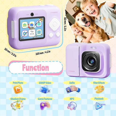 Instant Print Camera for Kids, Christmas Birthday Gifts for Girls Boys Age 3-12, TYPONOS Kids Cameras, Portable Toy Camera for 3 4 5 6 7 8 9 10 Year Old Girl with 32GB SD Card, Pink in Kuwait