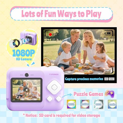 Instant Print Camera for Kids, Christmas Birthday Gifts for Girls Boys Age 3-12, TYPONOS Kids Cameras, Portable Toy Camera for 3 4 5 6 7 8 9 10 Year Old Girl with 32GB SD Card, Pink in Kuwait
