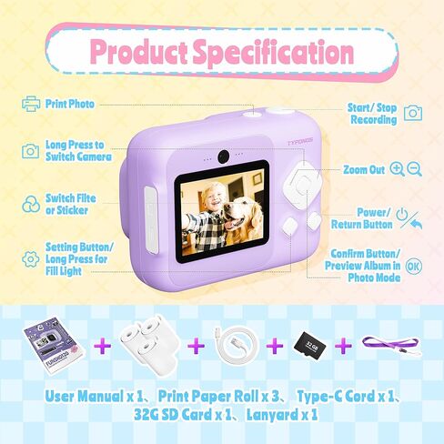 Instant Print Camera for Kids, Christmas Birthday Gifts for Girls Boys Age 3-12, TYPONOS Kids Cameras, Portable Toy Camera for 3 4 5 6 7 8 9 10 Year Old Girl with 32GB SD Card, Pink in Kuwait