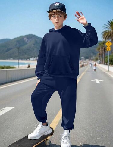 Boys Clothes Long Sleeve Solid Kangaroo Pocket Hoodie and Pants Fall Winter 2 Piece Outfits Sweatsuits Set 6-12T in Saudi Arabia