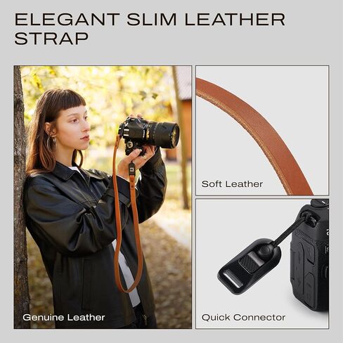 Slim Leather Camera Strap with Quick Release, Neck Adjustable Camera Shoulder Strap DSLR SLR Compatible with All Camera Brands, Classic/Black in Kuwait