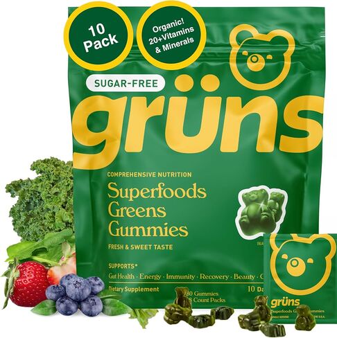 Gruns Adults Super Greens Gummies, Multivitamin Superfood Gummy Bears with Spirulina, Chlorella, Prebiotics & Fiber for Digestive Health, Adaptogens Supplement with 20 Vitamins & Minerals, 10 Count in Saudi Arabia