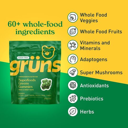 Gruns Adults Super Greens Gummies, Multivitamin Superfood Gummy Bears with Spirulina, Chlorella, Prebiotics & Fiber for Digestive Health, Adaptogens Supplement with 20 Vitamins & Minerals, 10 Count in Saudi Arabia