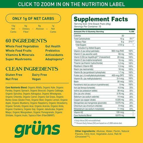 Gruns Adults Super Greens Gummies, Multivitamin Superfood Gummy Bears with Spirulina, Chlorella, Prebiotics & Fiber for Digestive Health, Adaptogens Supplement with 20 Vitamins & Minerals, 10 Count in Saudi Arabia