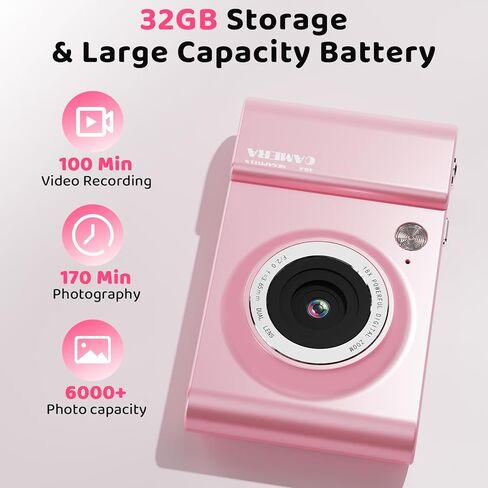 Kids Digital Camera, 4K Vlogging Camera with 64MP & 18X Zoom Anti-Shake, Christmas Birthday Gifts for Kids Ages 3-12, Includes 32GB SD Card (Black) in Kuwait