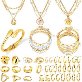 مجوهرات ذهبية chicutie مجموعة للنساء ، و 14 كيلو متر مطلي بالذهب متعددة الطبقة أساور أقراط طوق مجموعة حلقات مفصلة قابلة للتكديس ، وسحر الأناقة العصرية in Kuwait