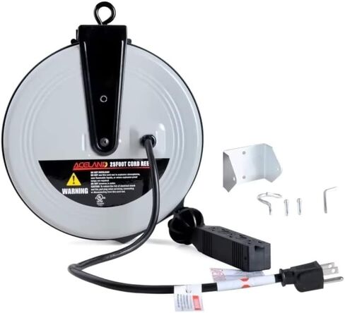 25ft Retractable Extension Cord Reel with 3 Electrical Outlets, 16AWG/3C SJTW Power Cord for Indoor & Outdoor Use, UL Listed in Saudi Arabia