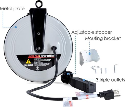 25ft Retractable Extension Cord Reel with 3 Electrical Outlets, 16AWG/3C SJTW Power Cord for Indoor & Outdoor Use, UL Listed in Saudi Arabia