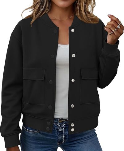 etcyy new Womens Bomber Juckets Fall Winter Trendy Coats Button Button Down Varsity Stack in Kuwait