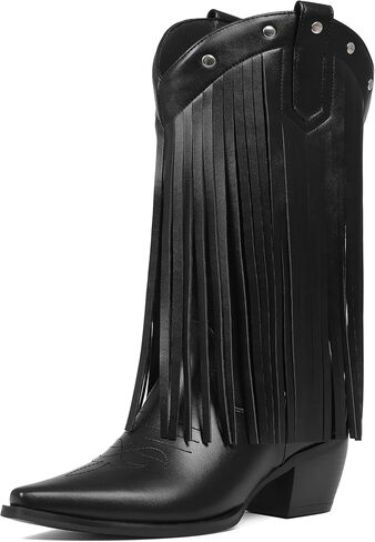 Women's Fringe Cowboy Boots Mid-Calf Ridding Cowgirl Boots Pull On Western Boots Fashion Style in Kuwait
