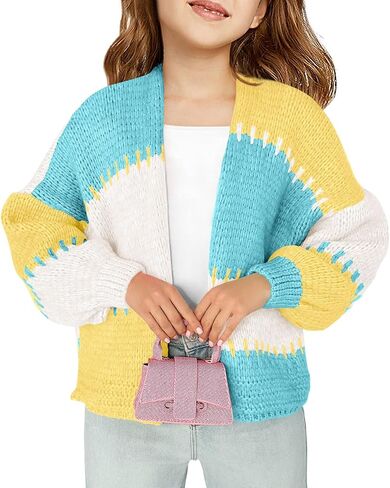 Haloumoning Girls Color Block Cardigan Sweaters Kids Chunky Open Front Knitted Sweater 5-14 Years in Saudi Arabia
