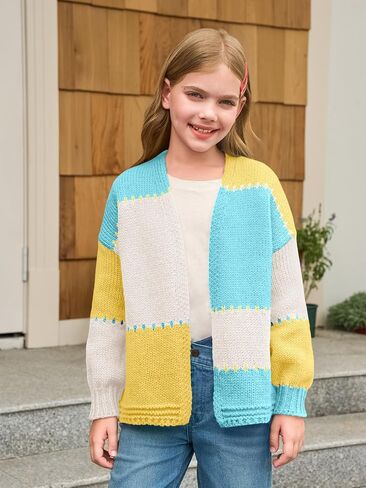 Haloumoning Girls Color Block Cardigan Sweaters Kids Chunky Open Front Knitted Sweater 5-14 Years in Saudi Arabia