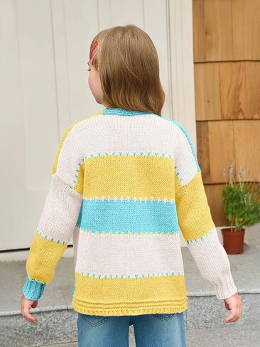 Haloumoning Girls Color Block Cardigan Sweaters Kids Chunky Open Front Knitted Sweater 5-14 Years in Saudi Arabia