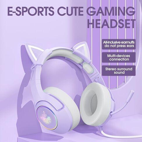 سماعة ألعاب لأجهزة PS4 وPS5 وسماعات رأس سلكية مقاس 3.5 مم مع أذن قطة قابلة للفصل وميكروفون وإضاءة خلفية RGB وصوت محيطي، أرجواني in Kuwait