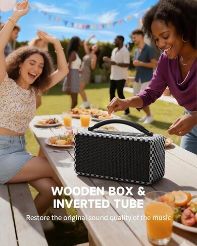 DINDIN Portable Bluetooth Speaker: 80W (Peak), 20H Playtime, Loud Wireless Wood Speakers with Bass, AUX and USB Input, Subwoofer, TWS Pairing, Vintage Speaker for Outdoor, Home, Office (Black) in Kuwait