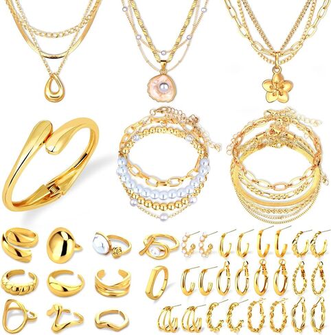 مجوهرات ذهبية chicutie مجموعة للنساء ، و 14 كيلو متر مطلي بالذهب متعددة الطبقة أساور أقراط طوق مجموعة حلقات مفصلة قابلة للتكديس ، وسحر الأناقة العصرية in Kuwait