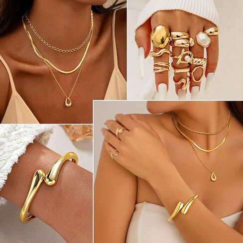 مجوهرات ذهبية chicutie مجموعة للنساء ، و 14 كيلو متر مطلي بالذهب متعددة الطبقة أساور أقراط طوق مجموعة حلقات مفصلة قابلة للتكديس ، وسحر الأناقة العصرية in Kuwait