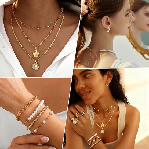 مجوهرات ذهبية chicutie مجموعة للنساء ، و 14 كيلو متر مطلي بالذهب متعددة الطبقة أساور أقراط طوق مجموعة حلقات مفصلة قابلة للتكديس ، وسحر الأناقة العصرية in Kuwait