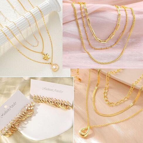 مجوهرات ذهبية chicutie مجموعة للنساء ، و 14 كيلو متر مطلي بالذهب متعددة الطبقة أساور أقراط طوق مجموعة حلقات مفصلة قابلة للتكديس ، وسحر الأناقة العصرية in Kuwait