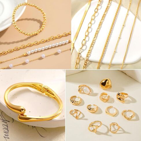 مجوهرات ذهبية chicutie مجموعة للنساء ، و 14 كيلو متر مطلي بالذهب متعددة الطبقة أساور أقراط طوق مجموعة حلقات مفصلة قابلة للتكديس ، وسحر الأناقة العصرية in Kuwait