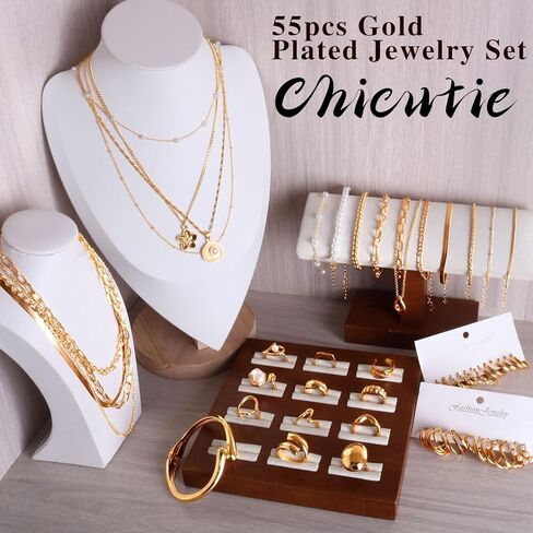 مجوهرات ذهبية chicutie مجموعة للنساء ، و 14 كيلو متر مطلي بالذهب متعددة الطبقة أساور أقراط طوق مجموعة حلقات مفصلة قابلة للتكديس ، وسحر الأناقة العصرية in Kuwait