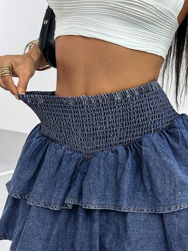 MakeMeChic Women's Shirred Denim Mini Skirt Ruffle Tiered Layer Short Jean Skirts in Saudi Arabia