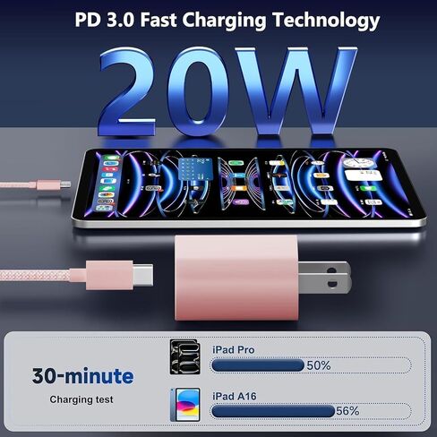 شاحن سريع 20 وات USB C معتمد من MFi لأجهزة iPad A16/10th Generation، iPad Pro 13/12.9/11 بوصة 6th/5th/4th/3rd، iPad Air 13/11 بوصة/4th/5th، iPad Mini، شاحن PD سريع مع سلك شحن USB C إلى C بطول 6.6 قدم in Saudi Arabia