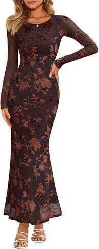 MEROKEETY Women's Fall Long Sleeve Maxi Dresses Bodycon Floral Mesh Sexy Wedding Guest Cocktail Party Dress in Saudi Arabia