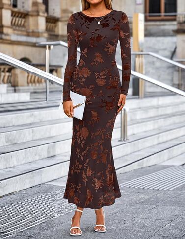 MEROKEETY Women's Fall Long Sleeve Maxi Dresses Bodycon Floral Mesh Sexy Wedding Guest Cocktail Party Dress in Saudi Arabia