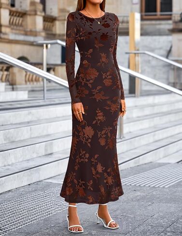 MEROKEETY Women's Fall Long Sleeve Maxi Dresses Bodycon Floral Mesh Sexy Wedding Guest Cocktail Party Dress in Saudi Arabia