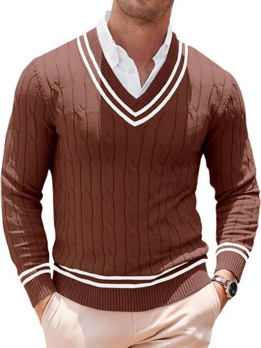 Runcati Mens V Neck Sweater Casual Cable Knit Slim Fit Pullover Long Sleeve Fall Winter Sweaters in Saudi Arabia