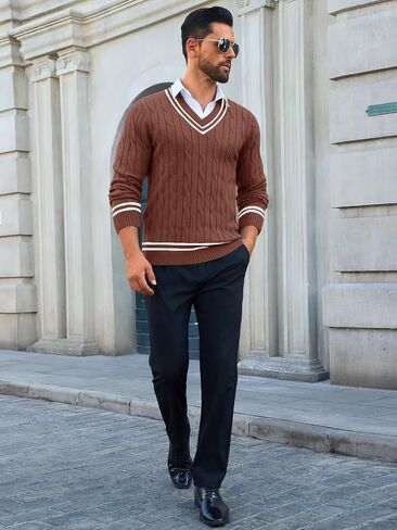 Runcati Mens V Neck Sweater Casual Cable Knit Slim Fit Pullover Long Sleeve Fall Winter Sweaters in Saudi Arabia