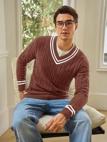 Runcati Mens V Neck Sweater Casual Cable Knit Slim Fit Pullover Long Sleeve Fall Winter Sweaters in Saudi Arabia