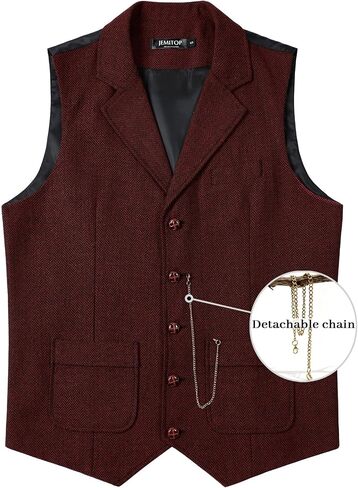 Men's Vintage Slim Fit Suit Vest Formal Prom Party Herringbone Pattern Waistcoat with Chain Detail in Saudi Arabia