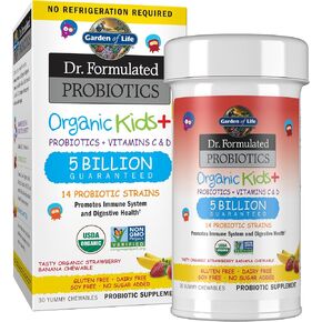 Garden of Life Dr. صياغة البروبيوتيك الأطفال العضويين+ بالإضافة إلى فيتامين C & D - التوت الكرز - الغلوتين ، الألبان وفول الصويا المكمل الصحي المناعي والجهاز الهضمي ، بدون سكر إضافي ، 30 مضغ (مستقر على الرف) in Kuwait