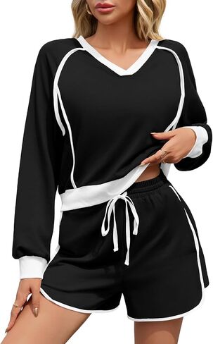 Fisoew Womens 2 قطعة ملابس عرضية V الرقبة من النوع الثقيل القميص عالي الخصر مجموعات المسارات الفضفاضة in Saudi Arabia