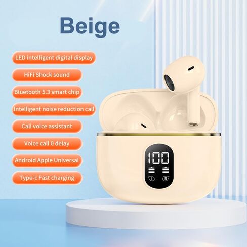 Wireless Bluetooth 5.3 Earbuds with Charging Case, LED Display, Noise Cancelling Headphones, Touch Control, 40H Playtime, Waterproof Sports Headphones with Mic (White) in Kuwait