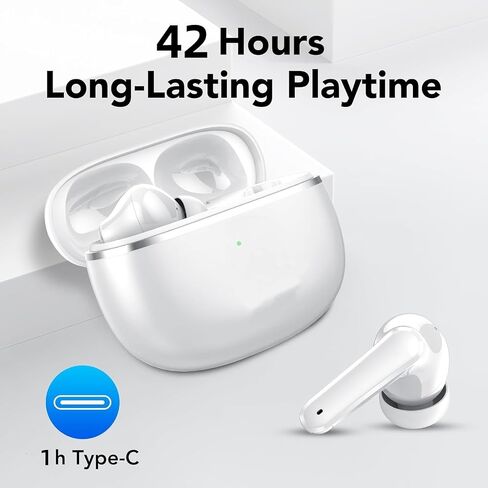 سماعات أذن لاسلكية حقيقية، بلوتوث 5.3، ميكروفون بخاصية إلغاء الضوضاء IPX7، صوت ستيريو هاي فاي مقاوم للماء، بطارية طويلة، وقت تشغيل 42 ساعة، اقتران تلقائي لسماعات Android/Samsung/Apple iPhone pro، أبيض in Saudi Arabia
