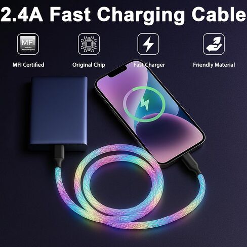سلك شاحن iPhone المضيء، كابل شاحن لايتنينج RGB ملون متدرج LED كابل لايتنينج معتمد من Apple MFi شحن سريع لهاتف iPhone 14 13 12 11 Pro Max XR X SE 8 Plus More (6 أقدام) in Kuwait