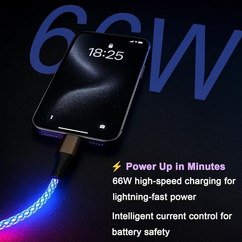 سلك شاحن iPhone المضيء، كابل شاحن لايتنينج RGB ملون متدرج LED كابل لايتنينج معتمد من Apple MFi شحن سريع لهاتف iPhone 14 13 12 11 Pro Max XR X SE 8 Plus More (6 أقدام) in Kuwait