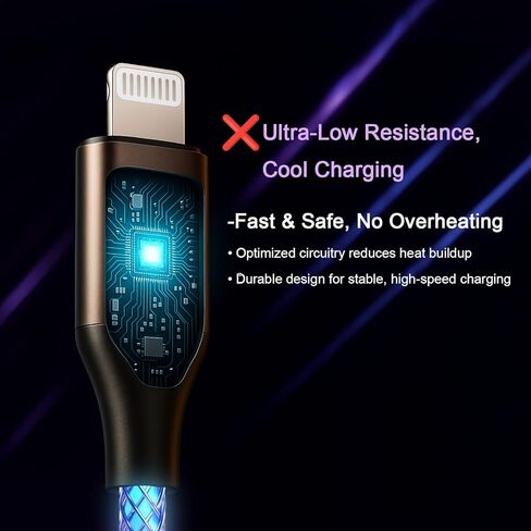 سلك شاحن iPhone المضيء، كابل شاحن لايتنينج RGB ملون متدرج LED كابل لايتنينج معتمد من Apple MFi شحن سريع لهاتف iPhone 14 13 12 11 Pro Max XR X SE 8 Plus More (6 أقدام) in Kuwait